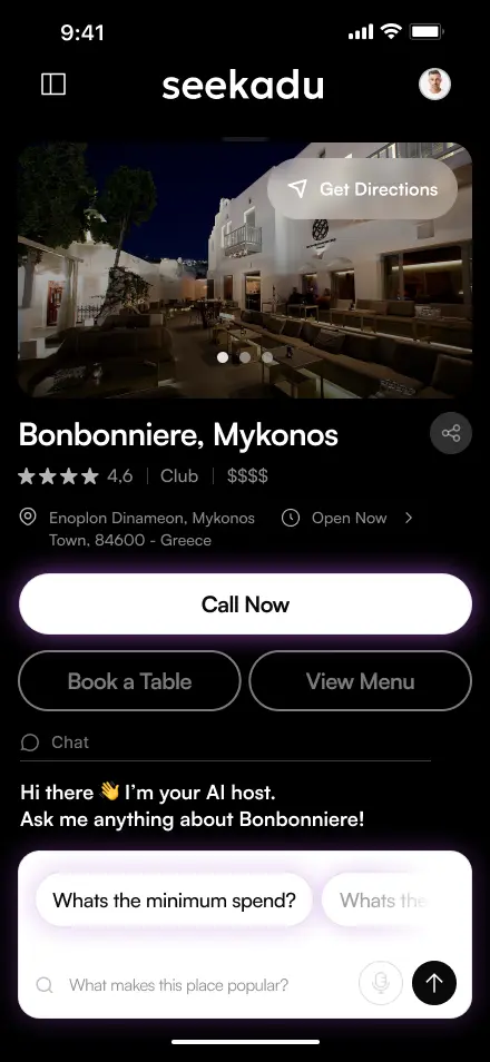 Bonbonniere Mykonos AI business landing page in Seekadu - phone preview with photos, 4.6-star rating, Call Now, Book a Table, View Menu and a built-in AI chatbot ready to answer questions