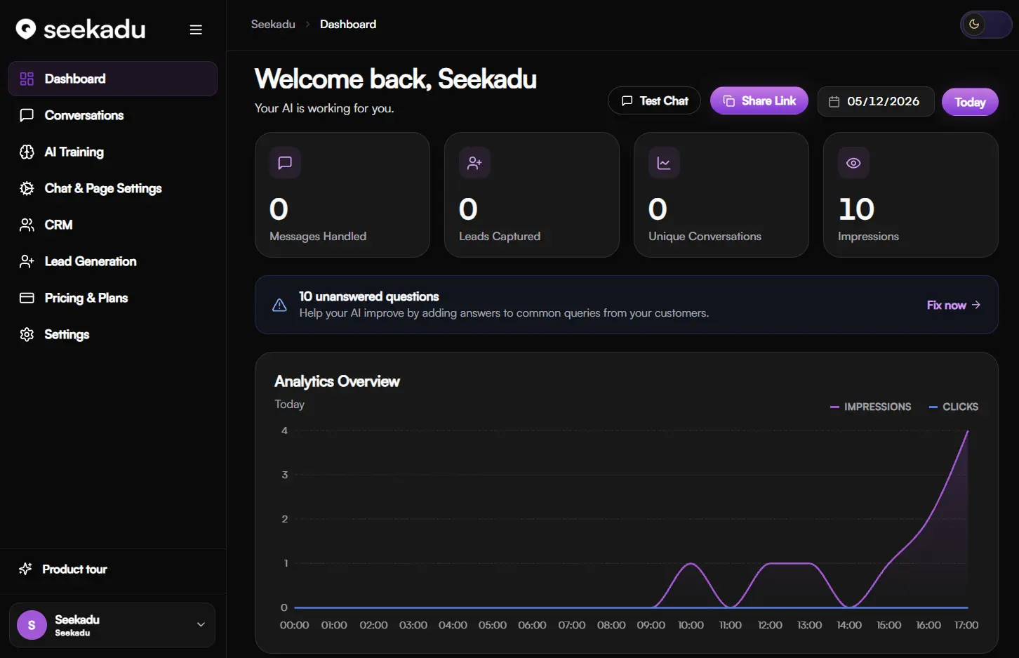 Seekadu AI customer platform dashboard - unified inbox across WhatsApp, Instagram, Facebook, and website chat